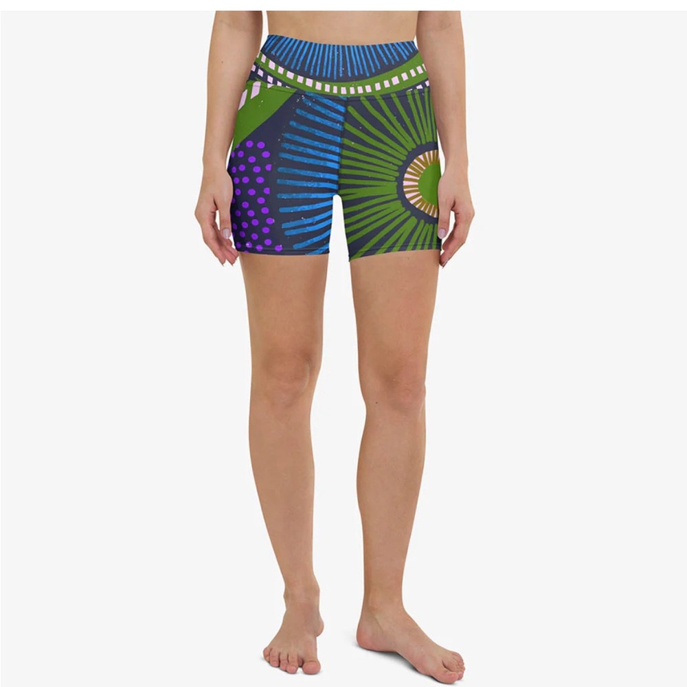 Loony legs Ethno Pop Printed Yoga Shorts - Blue/Green L Wild fun print